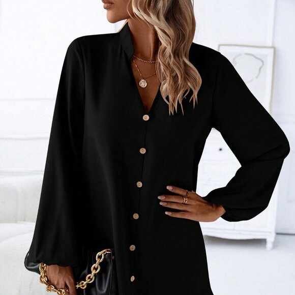 Black Casual Women's Button Front Lantern Sleeve Dress - Picture 5 of 7